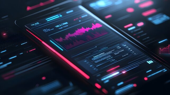 Digital wallet interface on a transparent screen, tax tracking section highlighted, glowing neon accents, dark mode background, smooth gradients, elegant typography, immersive design, advanced