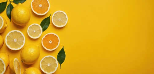 A vibrant yellow background features 12 lemon slices, 12 green leaves, and a central orange slice, arranged in a diagonal pattern, creating a visually appealing and balanced composition