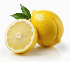 A vibrant yellow lemon with a white interior and a green leaf rests on a white surface, with a partially sliced lemon on the left and a whole lemon on the right, creating a balanced composition