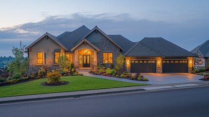 Obraz premium A modern home with a stone facade and a large garage door sits on a hill overlooking a lush green landscape.