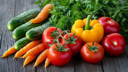 A close-up of a colorful assortment of fresh vegetables, including tomatoes, bell peppers, cucumbers, and carrots, arranged beautifully on a rustic wooden table.

