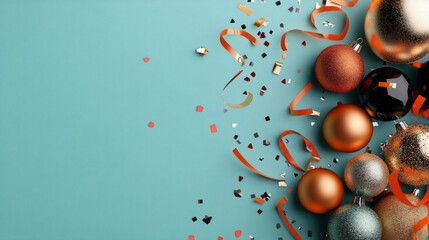 Happy New Year 2025. Christmas and New Year greeting card with balls, , ribbon and confetti