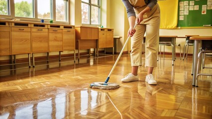 School janitor cleaning classroom floor for a fresh and tidy environment
