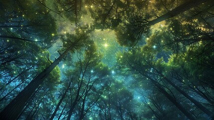 Serene forest scene with a captivating view of a starlit night sky through the trees, creating a sense of wonder and magic.