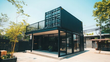 Obraz premium Modern Black Shipping Container Building with Glass Doors.
