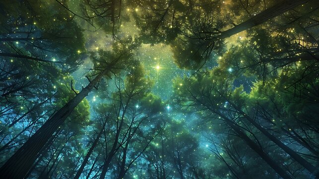 Serene forest scene with a captivating view of a starlit night sky through the trees, creating a sense of wonder and magic.