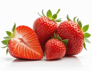 A group of four vibrant red strawberries with green leaves are arranged in a pyramid-like formation on a white background, showcasing their ripeness and freshness