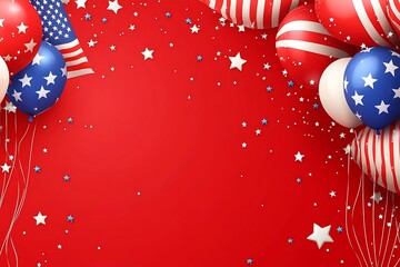3D Cartoon Background with American Flag Balloons and Stars on Red, USA Festival Decorations for Holiday Banner and Template Design, Stylish Vector Illustration