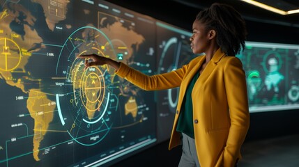 Confident Businesswoman Strategizing, Analyzing Global Data on a Digital Interactive Whiteboard.