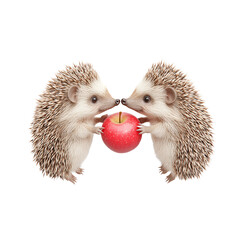 Two adorable hedgehogs share a red apple, showcasing their playful nature and charming features in this delightful image.