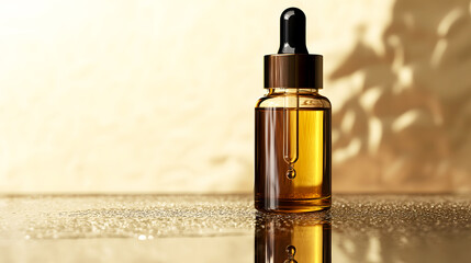 Naklejka premium premium cosmetic serum bottle with a glass dropper, displayed on a mirrored surface, with a gold gradient background
