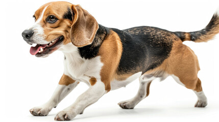 Beagle dog walking side view isolated on white background