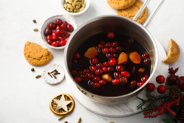 Traditional homemade mulled wine with cranberry