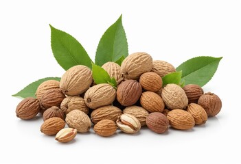 A pile of 24 light brown almonds and 12 dark brown almonds, surrounded by green leaves, is set against a white background, creating a visually appealing composition