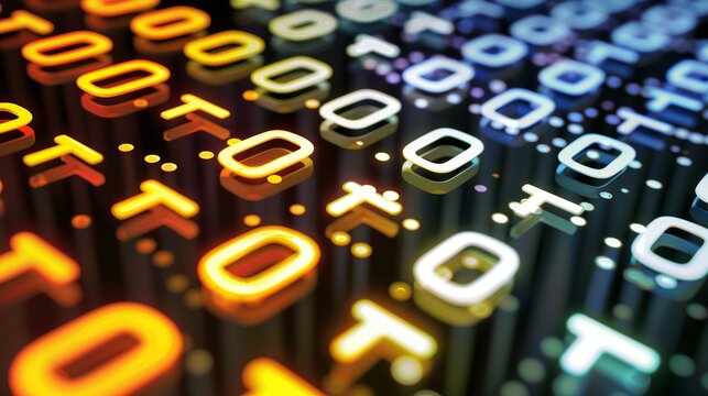 Vibrant neon binary code grid set against abstract swirling shapes for digital concept illustration