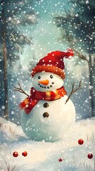 A Snowman Standing in a Winter Forest with Snow Falling