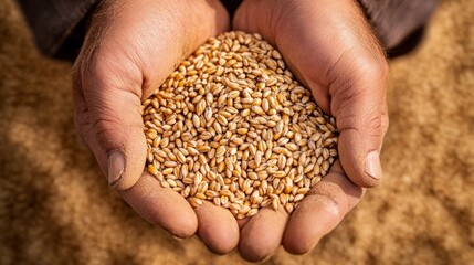 A close-up of hands holding grains of wheat, symbolizing agriculture and food production.