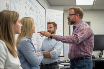 Obraz premium Corporate meeting in a conference room, with a team brainstorming ideas on a whiteboard.