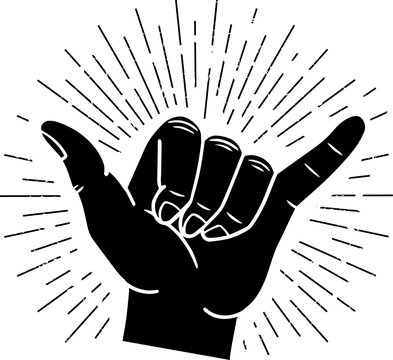 Illustration of a shaka hand symbol with sunbutst.