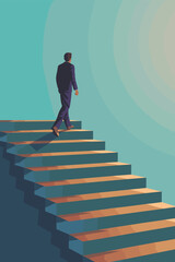 Businessman Climbs Steps to Success, Progressing from Start to Finish and Reward