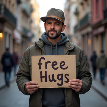 Retrato hombre en una calle sujetando un cartel con el texto abrazos gratis