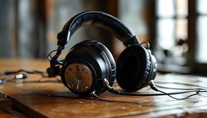 Stylish black and silver headphones resting elegantly on a table