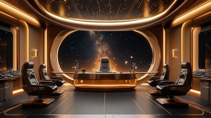 A futuristic podcast setup in a spaceship-themed studio, complete with floating microphones, metallic chairs, and a vast starry night backdrop. The minimalistic design and cool lighting create an adva
