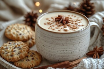A cozy cup of chai tea with a sprinkle of cinnamon on top served with a side of cookies