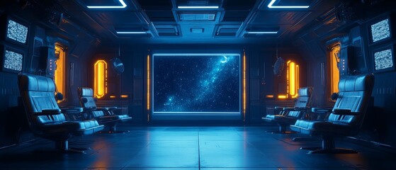 A futuristic spaceship-themed podcast studio with sleek metallic chairs, floating microphones, and a starry backdrop