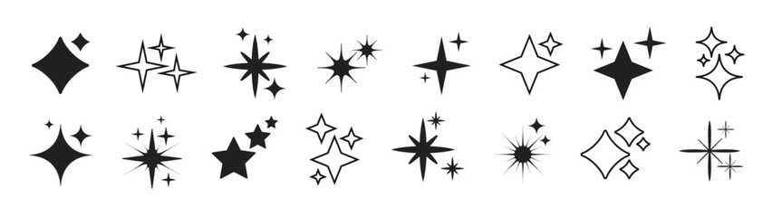 Sparkle star icons. Black stars icon set. Sparkling star shimmer vector element set