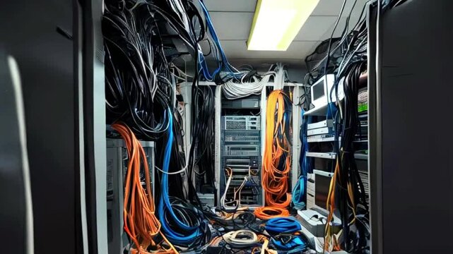 A tangled mess of cables and wires in a server room.