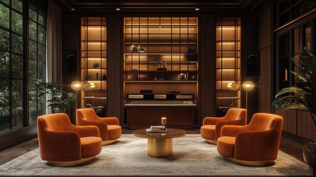 A modern podcast studio featuring plush velvet chairs, retro-style microphones, and warm dimmed lighting. Gold accents create a luxurious, inviting atmosphere, perfect for professional recording sessi