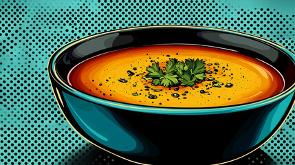 It is a soup ad designed like a comic book cover. It's a pop art soup ad. soup advertisement banner with copy space.