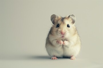 Cute hamster standing on hind legs against a neutral background, looking directly at the camera with a curious expression, paws close together. Soft light, copy space.