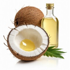 A coconut with a partially opened shell and partially filled interior, surrounded by a bottle of oil and a green leaf, is set against a white background, creating a visually appealing composition.