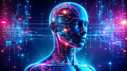 this image depicts a futuristic digital human figure illuminated with vibrant neon lighting highlighting intricate circuit patterns representing advanced artificial intelligence and neural networks.