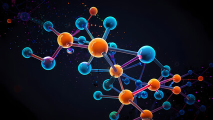 abstract background of interconnected molecules in vibrant, neon colors, with particles floating in a dark space 