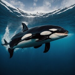 Obraz premium Orcas, also known as killer whales, are large, powerful marine mammals known for their striking black-and-white coloration and sophisticated hunting strategies. They are highly social and live in comp