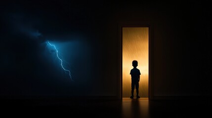 Boy Silhouette Looking Out Door During Thunderstorm