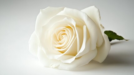 A pure white rose in full bloom on a white background, symbolizing elegance and purity