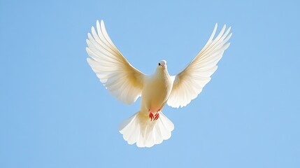 Fototapeta premium A pure white dove in mid-flight against a clear blue sky, symbolizing peace and freedom