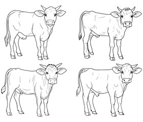 Hand drawn animal outline illustration black and white cow set