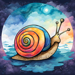 Watercolor snail, beautiful iridescent snail with fantasy aura, modern sticker design, minimalist print design. Generated AI