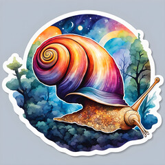 Watercolor snail, beautiful iridescent snail with fantasy aura, modern sticker design, minimalist print design. Generated AI