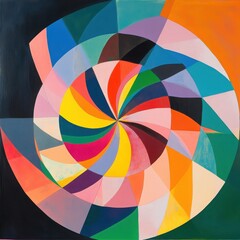 Obraz premium Chromatic Vortex: A vibrant abstract painting featuring a swirling spiral of geometric shapes in a captivating dance of color and form.