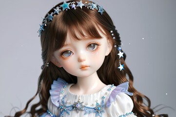 Cute little 3D doll in children's cartoon style, animated fantasy. Artistic background. Artistic illustration. Cartoon stylized illustrated art.