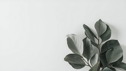 Close up of green ficus leaves, isolated on white with copy space, minimalistic style