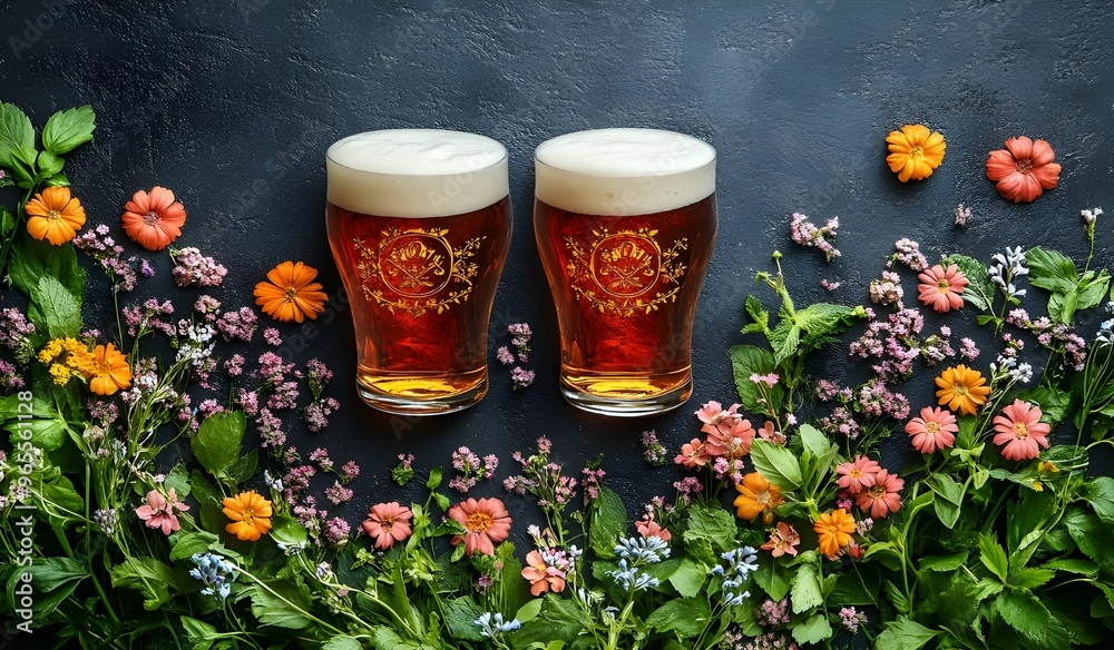 Wall mural two glasses of amber beer with frothy tops, positioned symmetrically on a dark textured surface