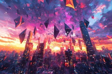 Obraz premium A city where buildings resemble colossal origami creations, with sharp folds and intricate patterns, glowing under a vibrant sky