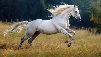 Obraz premium A white horse running freely in an open field with the wind blowing through its mane, symbolizing grace and freedom.